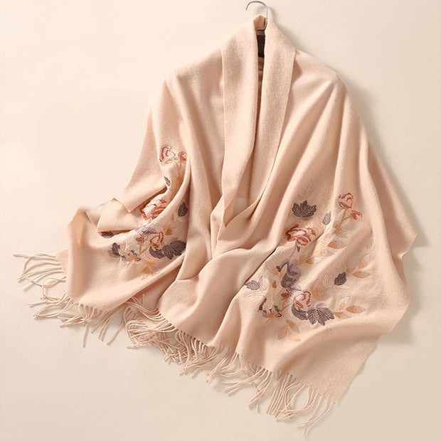 Buddha Stones Wool Shawl Weiyang Flower Embroidery Tassel Winter Cozy Travel Scarf Wrap Shawl BS 9