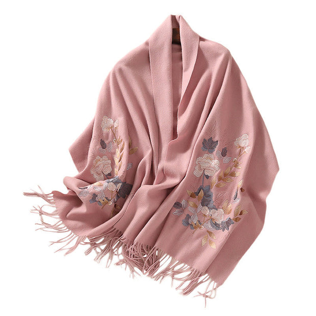 Buddha Stones Wool Shawl Weiyang Flower Embroidery Tassel Winter Cozy Travel Scarf Wrap Shawl BS 13