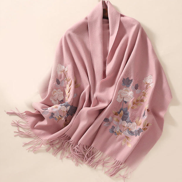 Buddha Stones Wool Shawl Weiyang Flower Embroidery Tassel Winter Cozy Travel Scarf Wrap Shawl BS 12