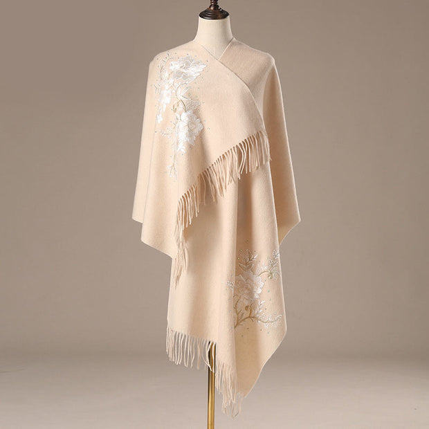 Buddha Stones Wool Shawl White Flower Embroidery Tassel Winter Cozy Travel Scarf Wrap