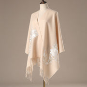 Buddha Stones Wool Shawl White Flower Embroidery Tassel Winter Cozy Travel Scarf Wrap Shawl BS 1