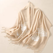 Buddha Stones Wool Shawl White Flower Embroidery Tassel Winter Cozy Travel Scarf Wrap Shawl BS 2