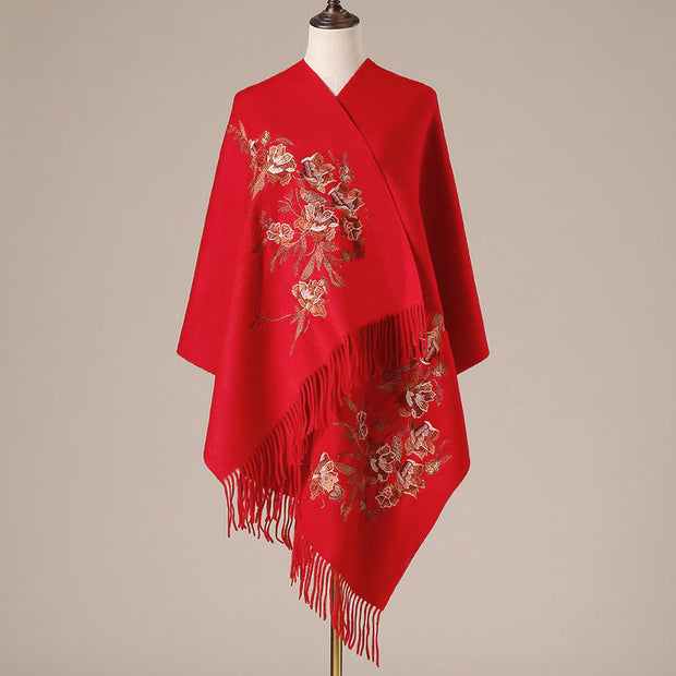 Buddha Stones Wool Shawl Flowers Leaves Embroidery Tassel Winter Cozy Travel Scarf Wrap Shawl BS Red 200*60cm