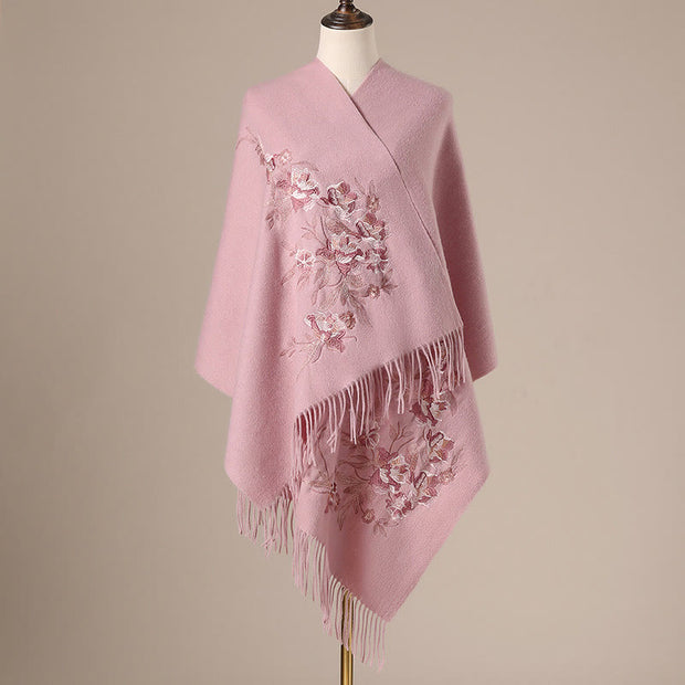 Buddha Stones Wool Shawl Flowers Leaves Embroidery Tassel Winter Cozy Travel Scarf Wrap Shawl BS LightPink 200*60cm