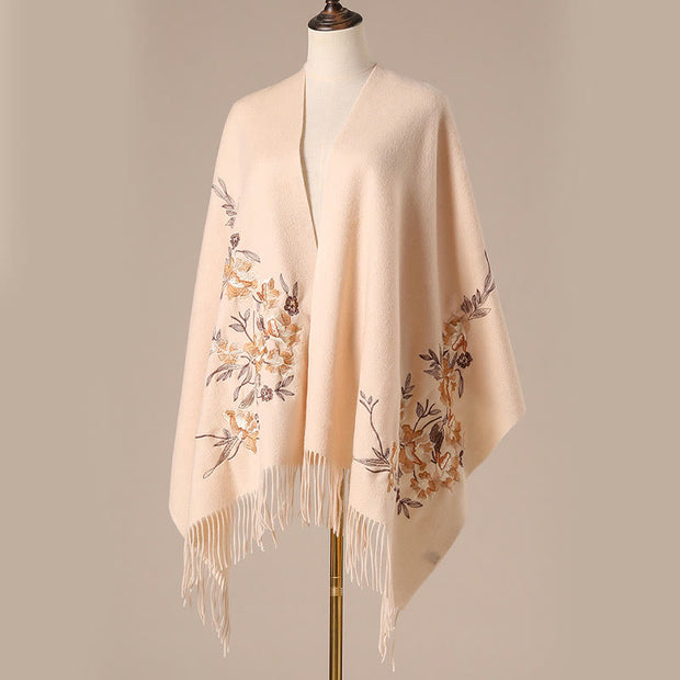 Buddha Stones Wool Shawl Flowers Leaves Embroidery Tassel Winter Cozy Travel Scarf Wrap Shawl BS 5