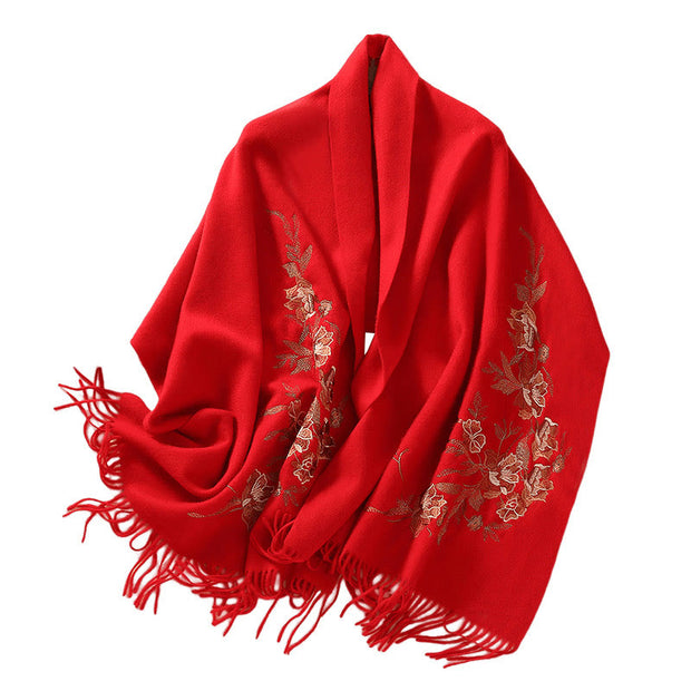 Buddha Stones Wool Shawl Flowers Leaves Embroidery Tassel Winter Cozy Travel Scarf Wrap Shawl BS 3