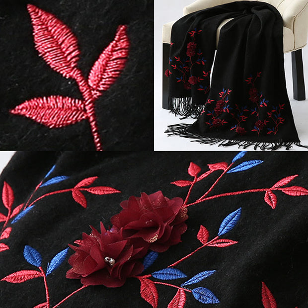 Buddha Stones Wool Shawl 3D Floral Embroidery Tassel Winter Cozy Travel Scarf Wrap Shawl BS 5