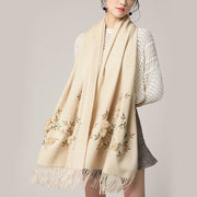 Buddha Stones Wool Shawl 3D Floral Embroidery Tassel Winter Cozy Travel Scarf Wrap