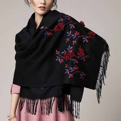 Buddha Stones Wool Shawl 3D Floral Embroidery Tassel Winter Cozy Travel Scarf Wrap Shawl BS Black 200*60cm