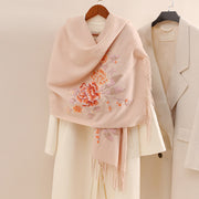 Buddha Stones Wool Shawl Red Flower Embroidery Tassel Winter Cozy Travel Scarf Wrap Shawl BS PeachPuff 200*60cm