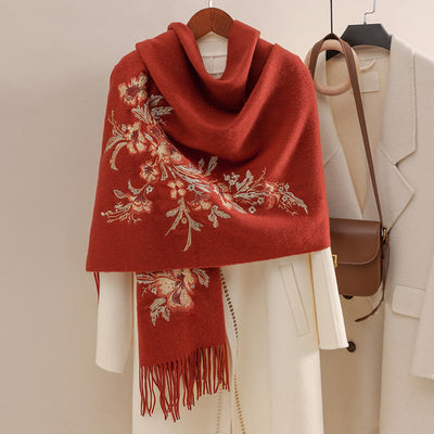 Buddha Stones Wool Shawl Red Flower Gold Sequins Embroidery Tassel Winter Cozy Travel Scarf Wrap