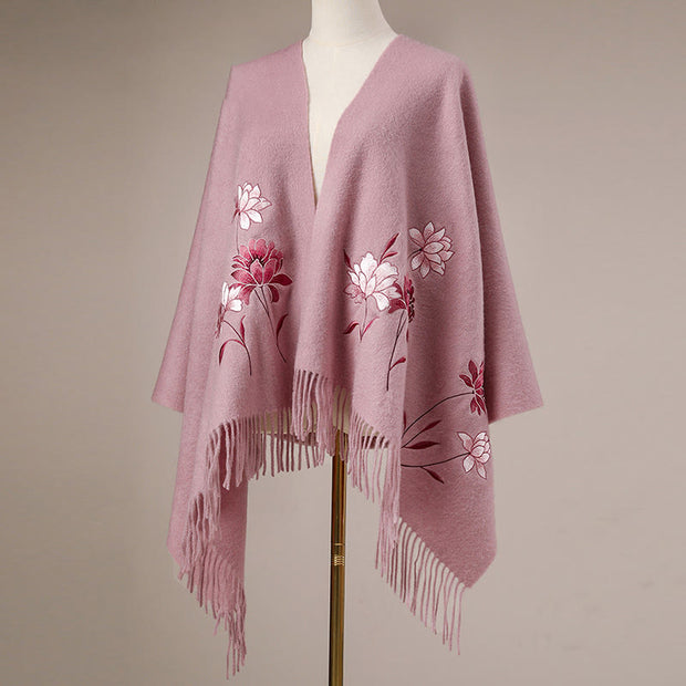 Buddha Stones Wool Shawl Pink Lotus Embroidery Tassel Winter Cozy Travel Scarf Wrap Shawl BS 2