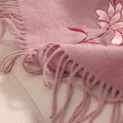 Buddha Stones Wool Shawl Pink Lotus Embroidery Tassel Winter Cozy Travel Scarf Wrap Shawl BS 5