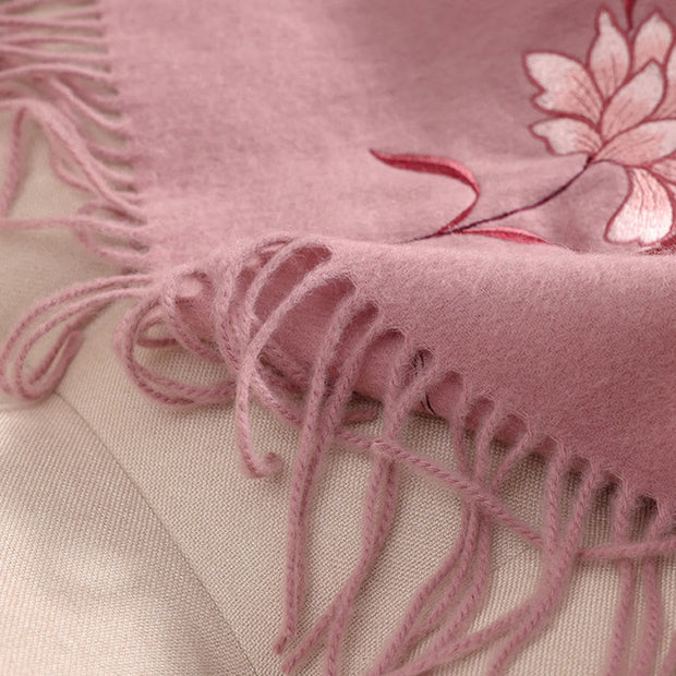 Buddha Stones Wool Shawl Pink Lotus Embroidery Tassel Winter Cozy Travel Scarf Wrap Shawl BS 5