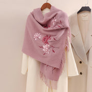 Buddha Stones Wool Shawl Pink Lotus Embroidery Tassel Winter Cozy Travel Scarf Wrap