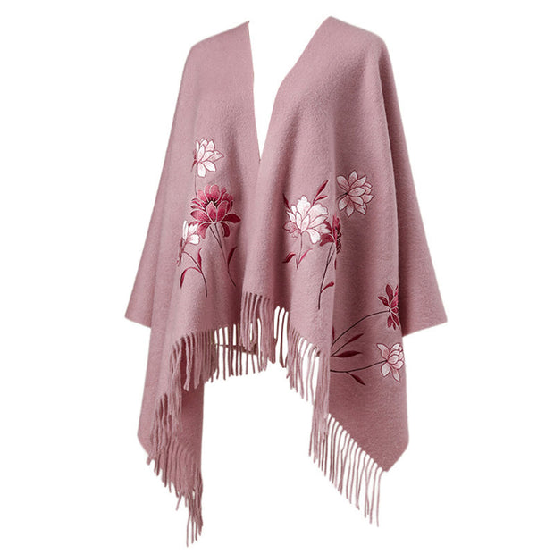 Buddha Stones Wool Shawl Pink Lotus Embroidery Tassel Winter Cozy Travel Scarf Wrap Shawl BS 6