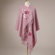 Buddha Stones Wool Shawl Pink Lotus Embroidery Tassel Winter Cozy Travel Scarf Wrap Shawl BS 1