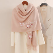 Buddha Stones Wool Shawl Pink White Flower Embroidery Tassel Winter Cozy Travel Scarf Wrap