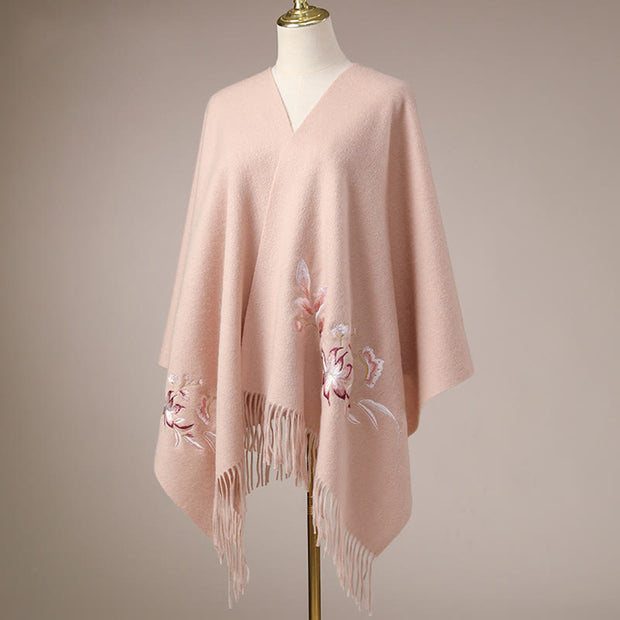 Buddha Stones Wool Shawl Pink White Flower Embroidery Tassel Winter Cozy Travel Scarf Wrap Shawl BS 2