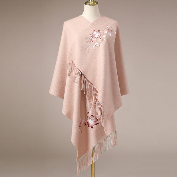 Buddha Stones Wool Shawl Pink White Flower Embroidery Tassel Winter Cozy Travel Scarf Wrap Shawl BS PeachPuff 200*60cm