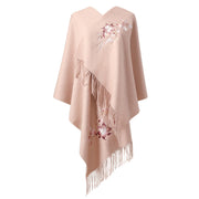 Buddha Stones Wool Shawl Pink White Flower Embroidery Tassel Winter Cozy Travel Scarf Wrap Shawl BS 6