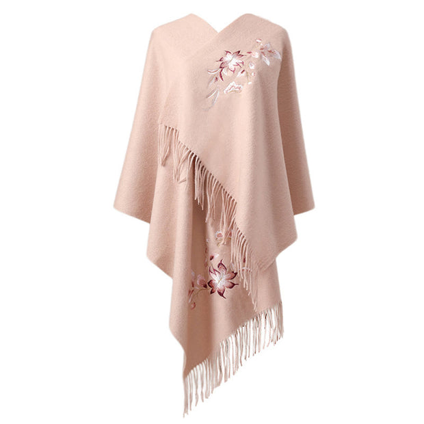 Buddha Stones Wool Shawl Pink White Flower Embroidery Tassel Winter Cozy Travel Scarf Wrap