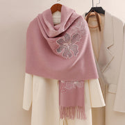 Buddha Stones Wool Shawl Big Flower Sequins Embroidery Tassel Winter Cozy Travel Scarf Wrap Shawl BS LightPink 200*60cm