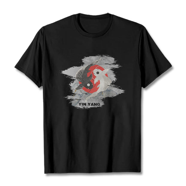 Buddha Stones Yin Yang Koi Fish Clouds Cotton Tee T-shirt