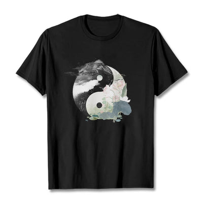 Buddha Stones Yin Yang Lotus Leaf Ink Painting Cotton Tee T-shirt T-Shirts BS Black 2XL