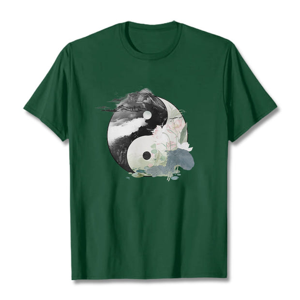 Buddha Stones Yin Yang Lotus Leaf Ink Painting Cotton Tee T-shirt T-Shirts BS ForestGreen 2XL