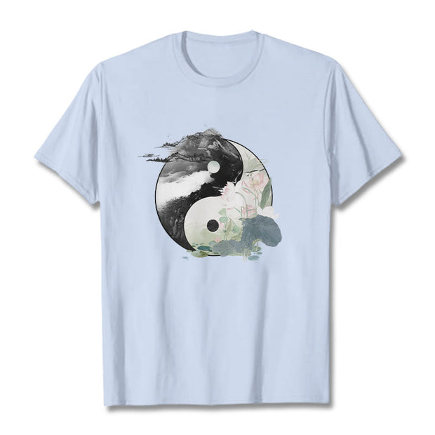 Buddha Stones Yin Yang Lotus Leaf Ink Painting Cotton Tee T-shirt T-Shirts BS LightCyan 2XL