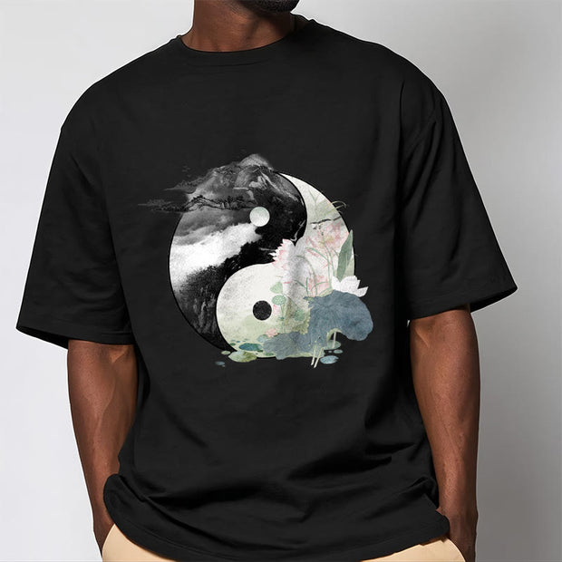 Buddha Stones Yin Yang Lotus Leaf Ink Painting Cotton Tee T-shirt T-Shirts BS 2