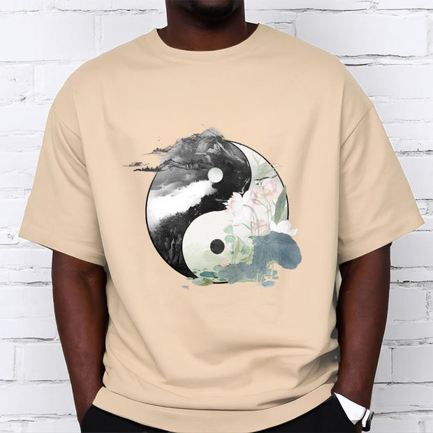 Buddha Stones Yin Yang Lotus Leaf Ink Painting Cotton Tee T-shirt T-Shirts BS 13