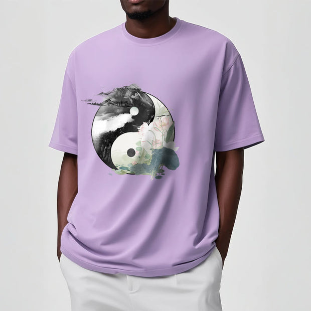 Buddha Stones Yin Yang Lotus Leaf Ink Painting Cotton Tee T-shirt