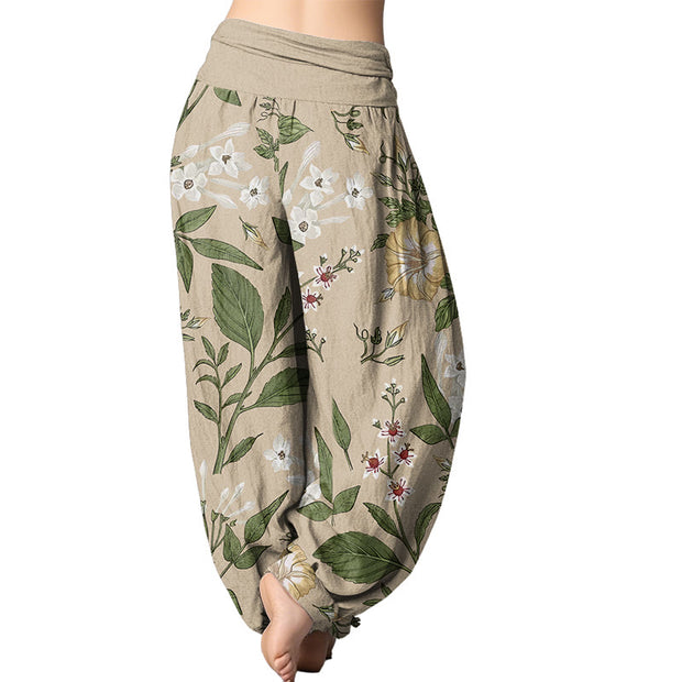 Buddha Stones Flower Plant Pattern Women's Elastic Waist Harem Pants