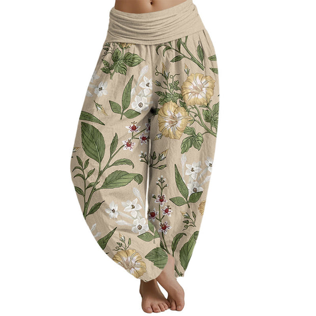 Buddha Stones Flower Plant Pattern Women's Elastic Waist Harem Pants