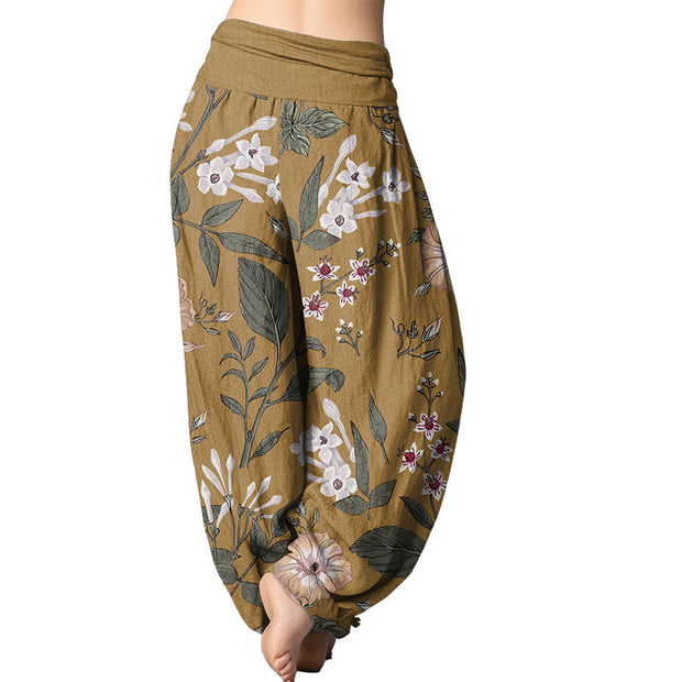 Buddha Stones Flower Plant Pattern Women's Elastic Waist Harem Pants