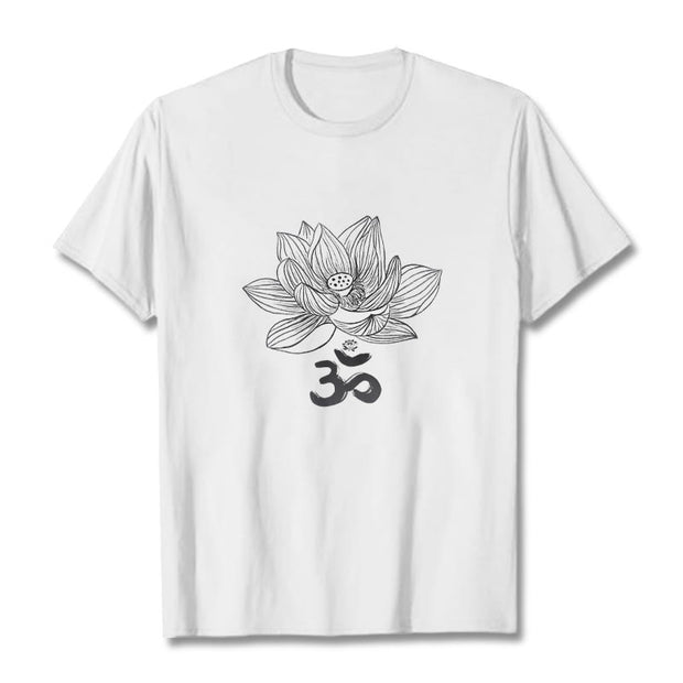 Buddha Stones Om Lotus Sketch Cotton Tee T-shirt T-Shirts BS White 2XL