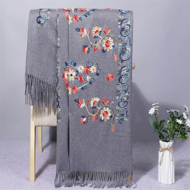 Buddha Stones Polyester Shawl Colorful Flower Ethnic Style Embroidery Tassel Winter Cozy Travel Scarf Wrap Shawl BS SlateGray 200*70cm