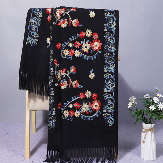 Buddha Stones Polyester Shawl Colorful Flower Ethnic Style Embroidery Tassel Winter Cozy Travel Scarf Wrap Shawl BS Black 200*70cm