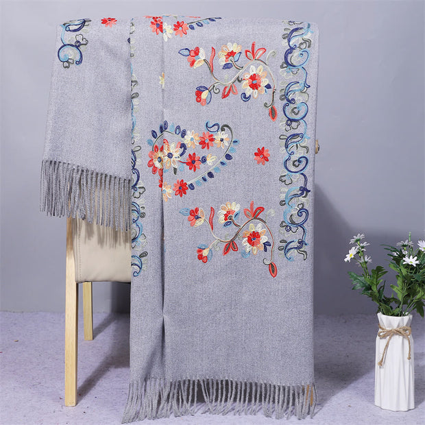 Buddha Stones Polyester Shawl Colorful Flower Ethnic Style Embroidery Tassel Winter Cozy Travel Scarf Wrap Shawl BS LightGrey 200*70cm