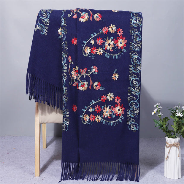 Buddha Stones Polyester Shawl Colorful Flower Ethnic Style Embroidery Tassel Winter Cozy Travel Scarf Wrap Shawl BS MidnightBlue 200*70cm