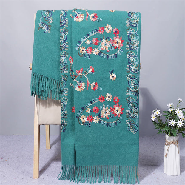 Buddha Stones Polyester Shawl Colorful Flower Ethnic Style Embroidery Tassel Winter Cozy Travel Scarf Wrap Shawl BS DarkCyan 200*70cm