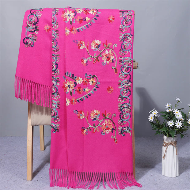 Buddha Stones Polyester Shawl Colorful Flower Ethnic Style Embroidery Tassel Winter Cozy Travel Scarf Wrap Shawl BS DeepPink 200*70cm