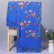 Buddha Stones Polyester Shawl Colorful Flower Ethnic Style Embroidery Tassel Winter Cozy Travel Scarf Wrap Shawl BS DodgerBlue 200*70cm