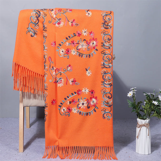 Buddha Stones Polyester Shawl Colorful Flower Ethnic Style Embroidery Tassel Winter Cozy Travel Scarf Wrap Shawl BS Coral 200*70cm