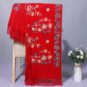 Buddha Stones Polyester Shawl Colorful Flower Ethnic Style Embroidery Tassel Winter Cozy Travel Scarf Wrap Shawl BS Crimson 200*70cm