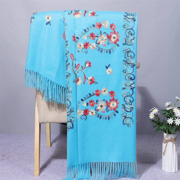 Buddha Stones Polyester Shawl Colorful Flower Ethnic Style Embroidery Tassel Winter Cozy Travel Scarf Wrap Shawl BS LightSkyBlue 200*70cm