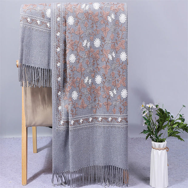 Buddha Stones Polyester Shawl Cashew Flowers Embroidery Tassel Winter Cozy Travel Scarf Wrap Shawl BS DarkGray 200*70cm