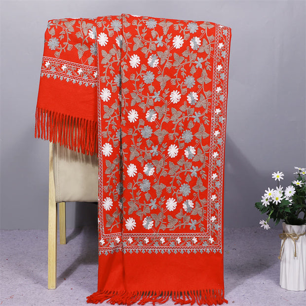 Buddha Stones Polyester Shawl Cashew Flowers Embroidery Tassel Winter Cozy Travel Scarf Wrap Shawl BS OrangeRed 200*70cm